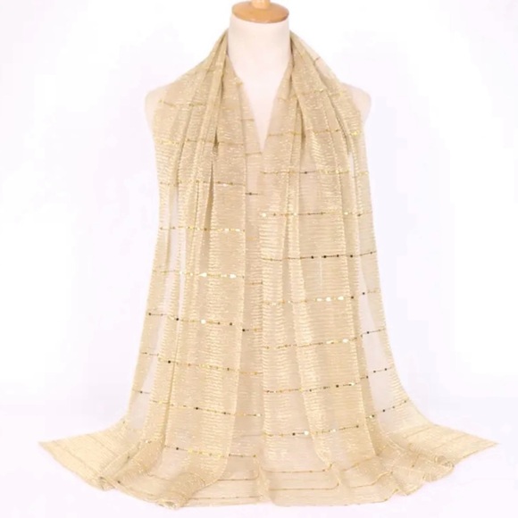 NWOT Elegant Tan Gold & Silver Sheer Sparkling Metallic Scarf Wrap - Picture 2 of 6